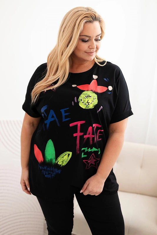 Дамска памучна блуза Plus Size с цветен принт 1190