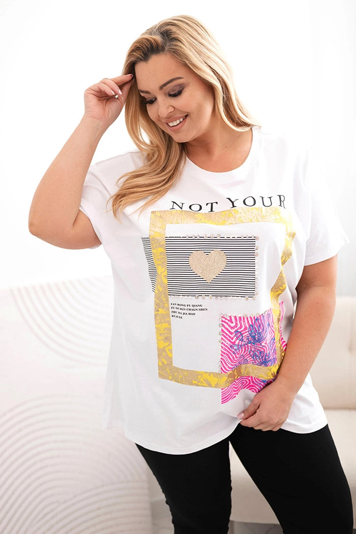 Дамска памучна блуза Plus Size със златен принт 1275