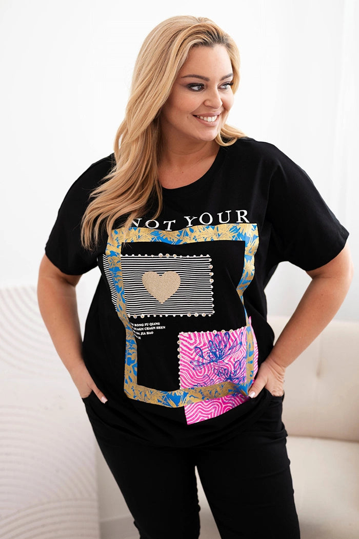 Дамска памучна блуза Plus Size със златен принт 1275