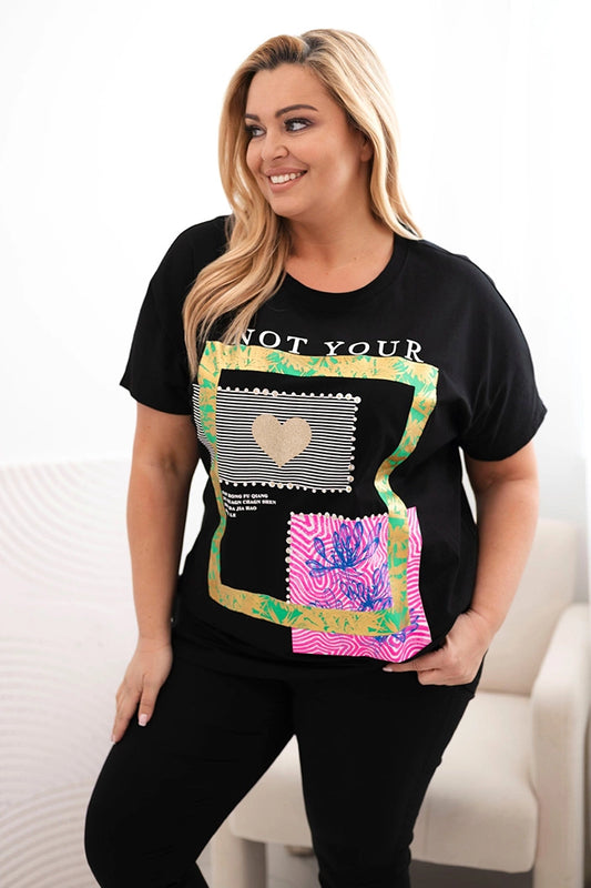 Дамска памучна блуза Plus Size със златен принт 1275