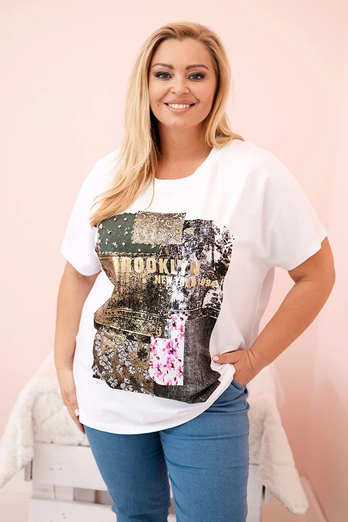 Дамска памучна блуза Plus Size с цветен принт 1293