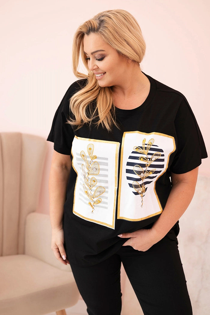 Дамска памучна блуза Plus Size с кристали 1301