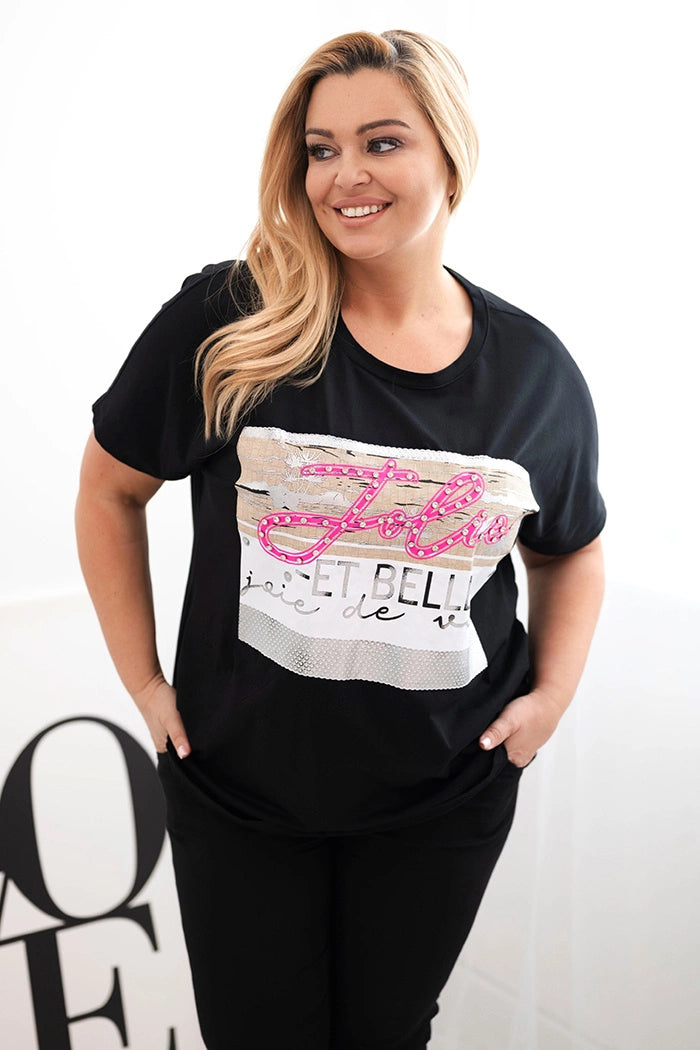 Дамска блуза с големи размери и надпис с пайети 1315