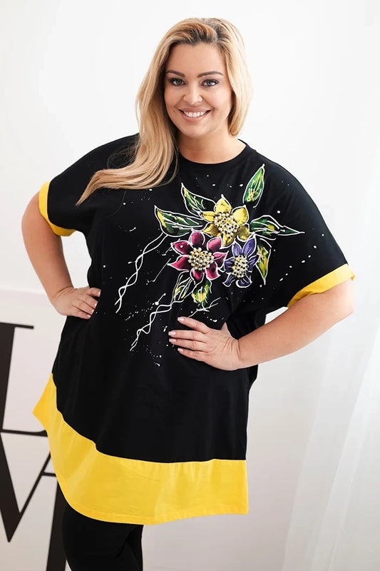 Дамска туника в големи размери с флорален мотив и декоративни перли 1661