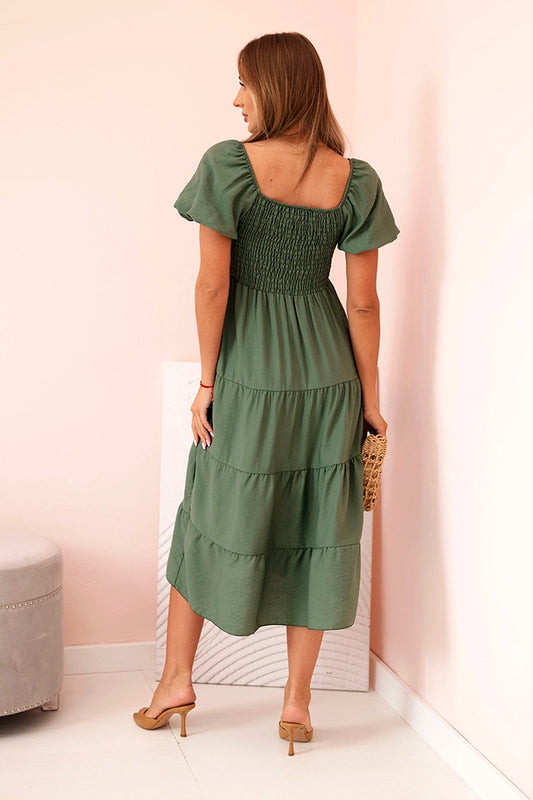 Дамска рокля от вискоза с волани и издути ръкави 1957