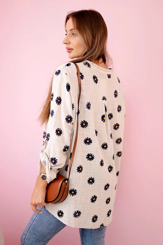 Ленена дамска блуза с флорални мотиви и дълги ръкави ART22062