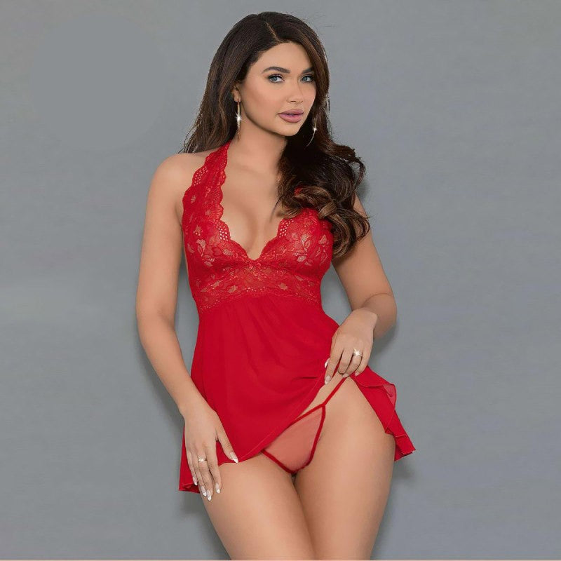 Къса babydoll нощница от дантела с прашки 3009