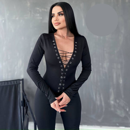 Черен гащеризон с дълбоко деколте FT-3040