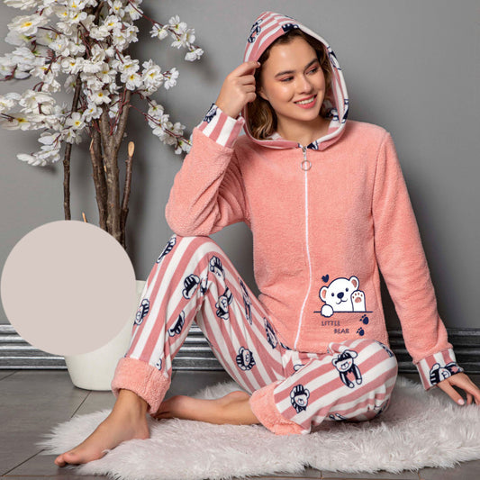 Пухена коралова пижама с дълъг ръкав и качулка 31075