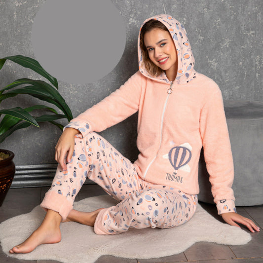 Пухен поларен комплект с дълъг ръкав и качулка 31078