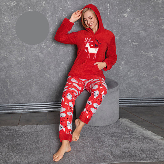Червена пухена пижама с качулка 31117