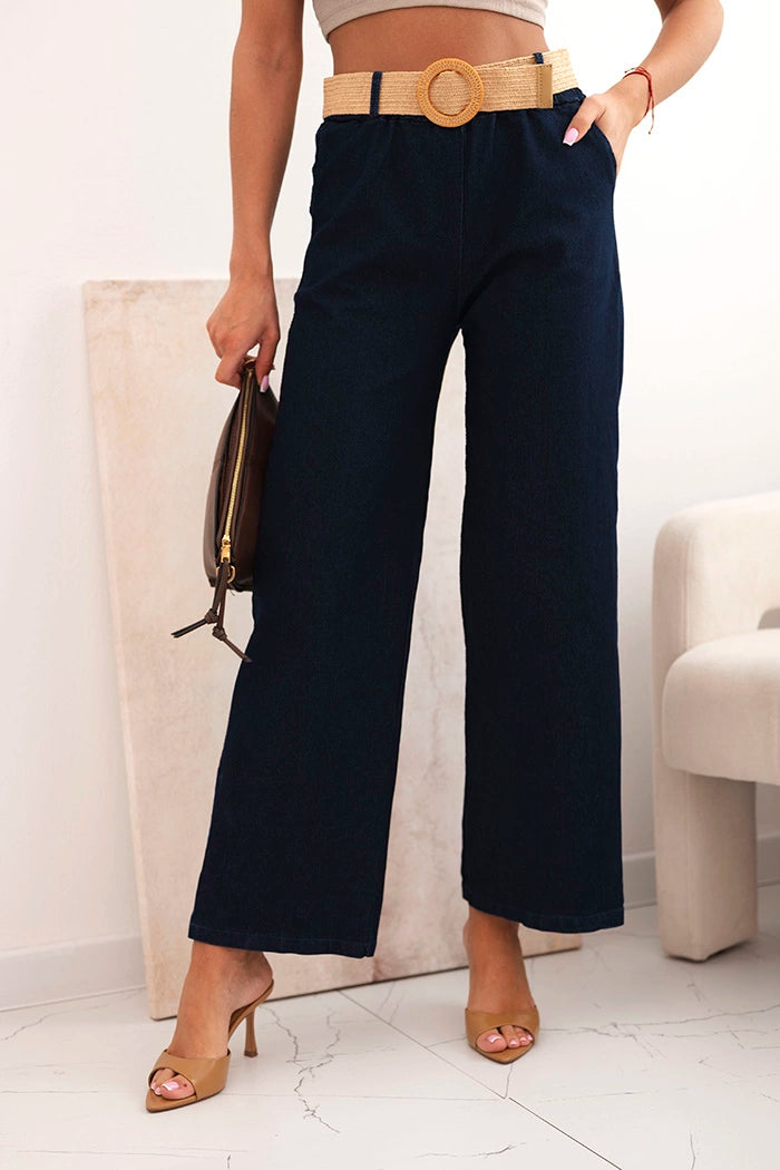 Дамски памучен панталон с широки крачоли и колан ART59806