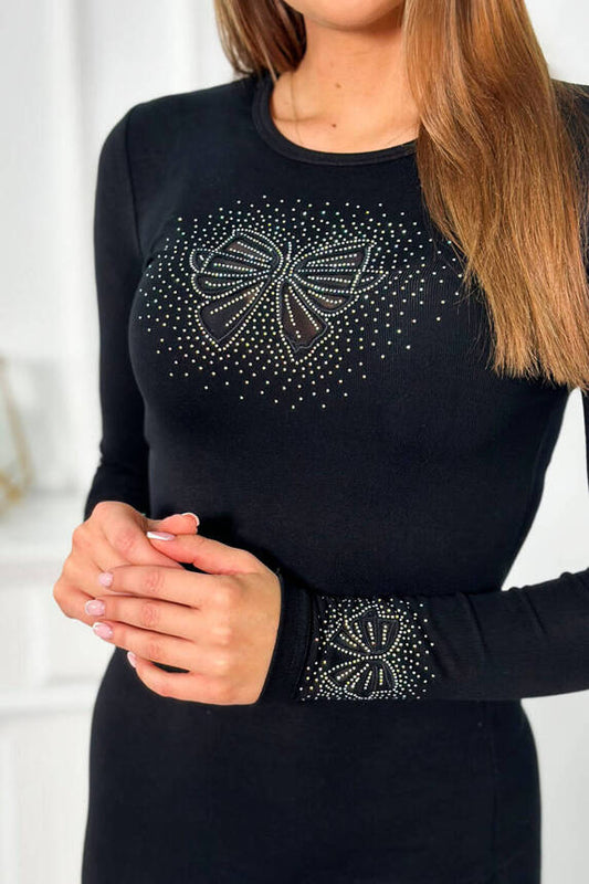 Черна плетена рокля с мотив панделка 9414