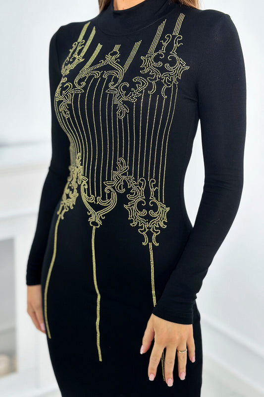 Черна плетена рокля със златни цирконии 9641