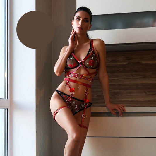 Червен кожен харнес комплект с жариери AA-700794