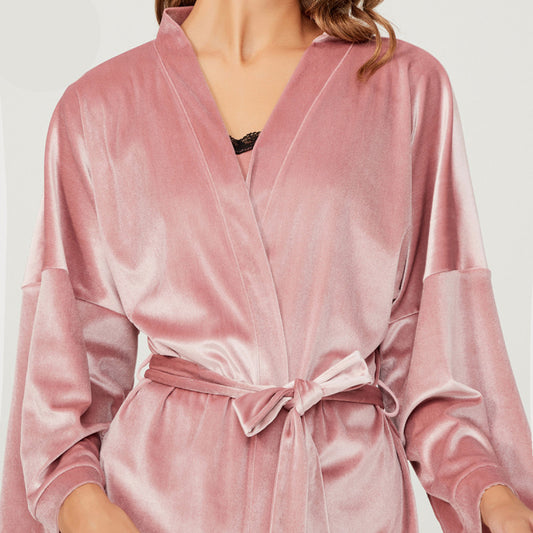 Кадифен халат с дълъг ръкав и колан CH-1509