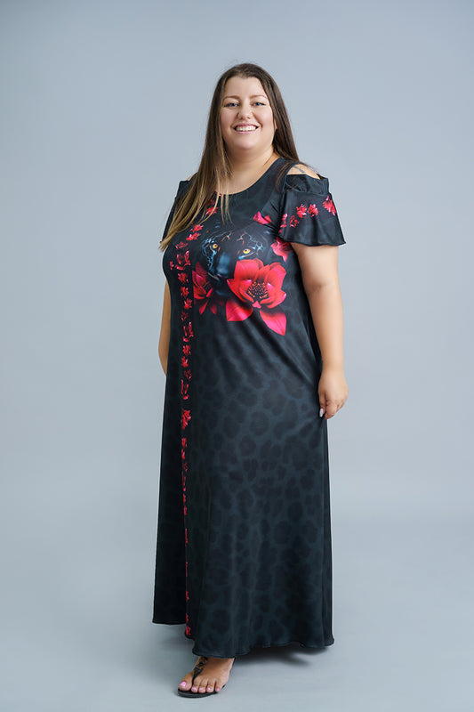 Дълга черна рокля с къс ръкав Елина