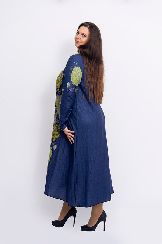 Синя рокля с дълъг ръкав Фани