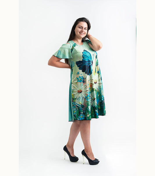 Къса зелена рокля с ръкави Карелия