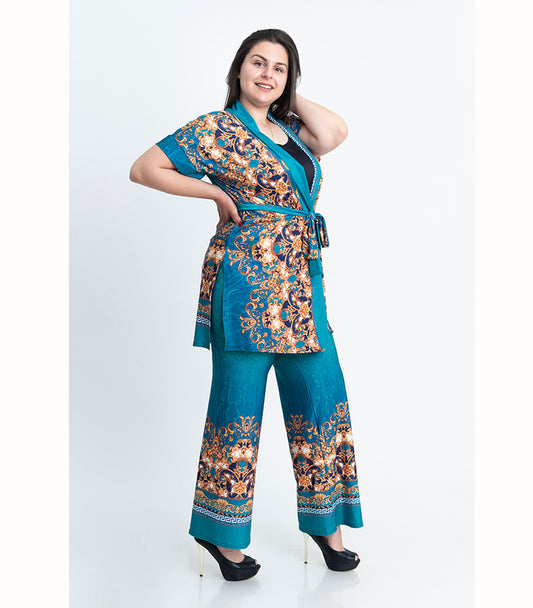 Комплект от кимоно с къс ръкав и прав панталон Лоли