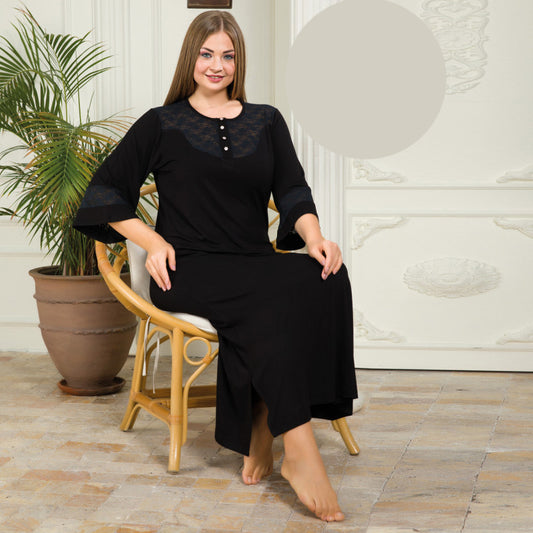 Дълга черна макси нощница с 3/4 ръкав LY-7225