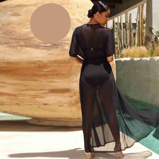 Дълго черно парео с къс ръкав MS-4400