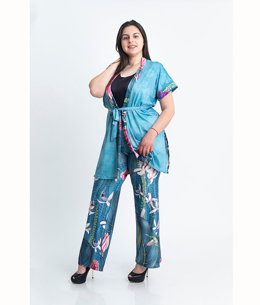 Комплект от кимоно с къс ръкав и прав панталон Нина