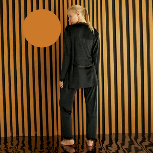 Черен кадифен комплект от халат с корсаж и панталон PI-5545-1