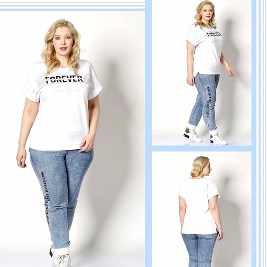 Дамски спортен комплект Бела/тънки летни дънки/