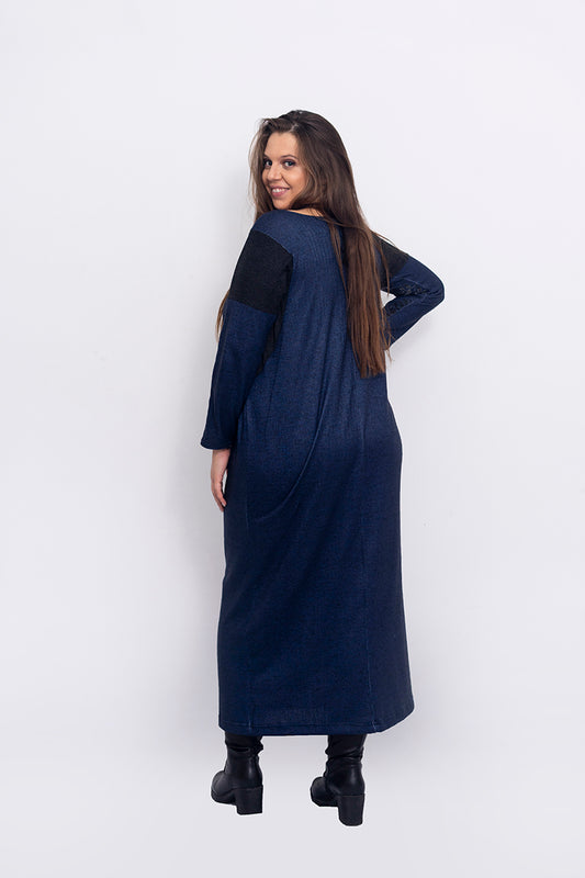 Синя рокля с дълъг ръкав Снежи