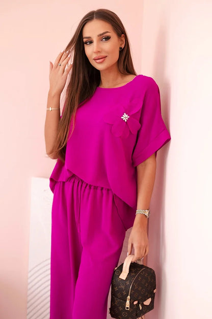 Дамски комплект от вискоза с декоративно цвете и широк панталон ART0109