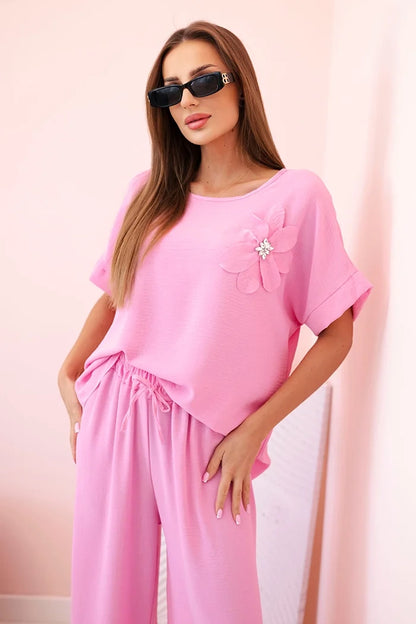 Дамски комплект от вискоза с декоративно цвете и широк панталон ART0109