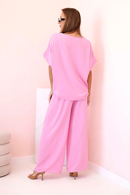 Дамски комплект от вискоза с декоративно цвете и широк панталон ART0109