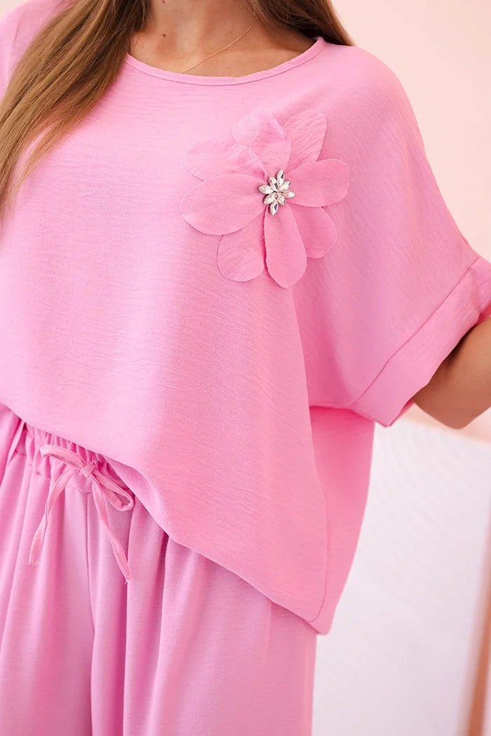 Дамски комплект от вискоза с декоративно цвете и широк панталон ART0109