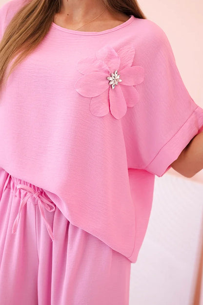 Дамски комплект от вискоза с декоративно цвете и широк панталон ART0109