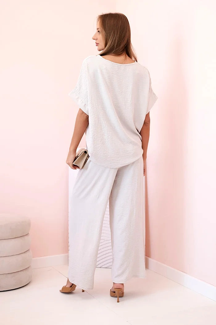 Дамски комплект от вискоза с декоративно цвете и широк панталон ART0109