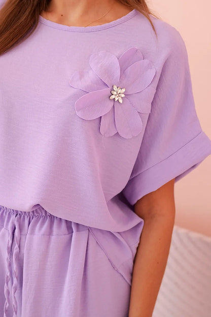 Дамски комплект от вискоза с декоративно цвете и широк панталон ART0109