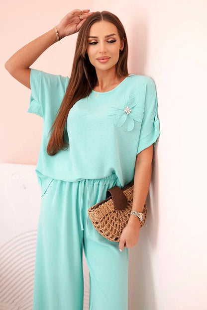 Дамски комплект от вискоза с декоративно цвете и широк панталон ART0109