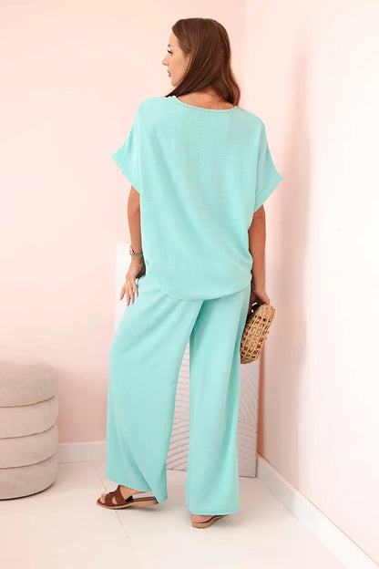 Дамски комплект от вискоза с декоративно цвете и широк панталон ART0109