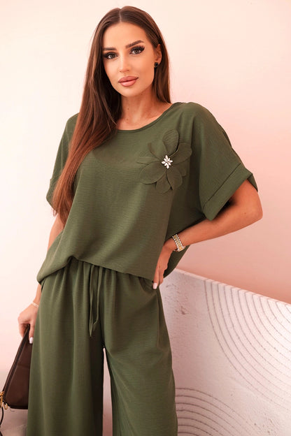 Дамски комплект от вискоза с декоративно цвете и широк панталон ART0109