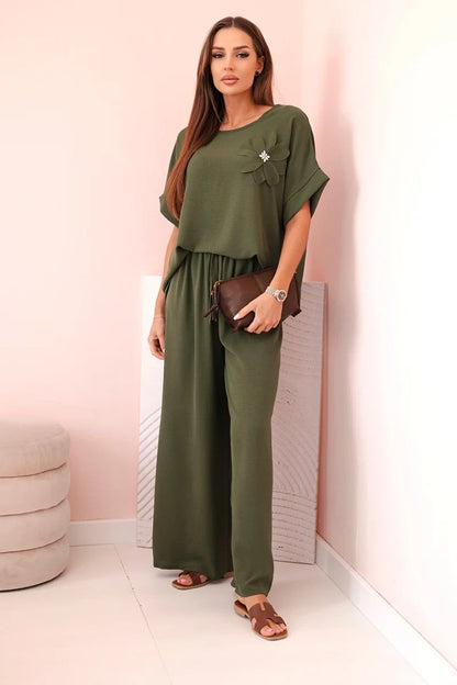 Дамски комплект от вискоза с декоративно цвете и широк панталон ART0109