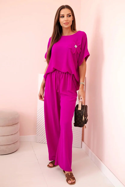 Дамски комплект от вискоза с декоративно цвете и широк панталон ART0109