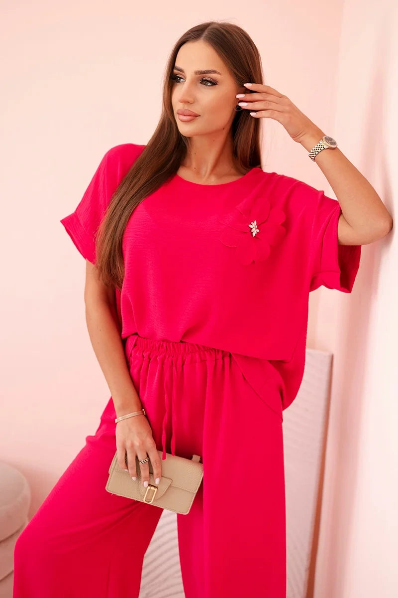 Дамски комплект от вискоза с декоративно цвете и широк панталон ART0109