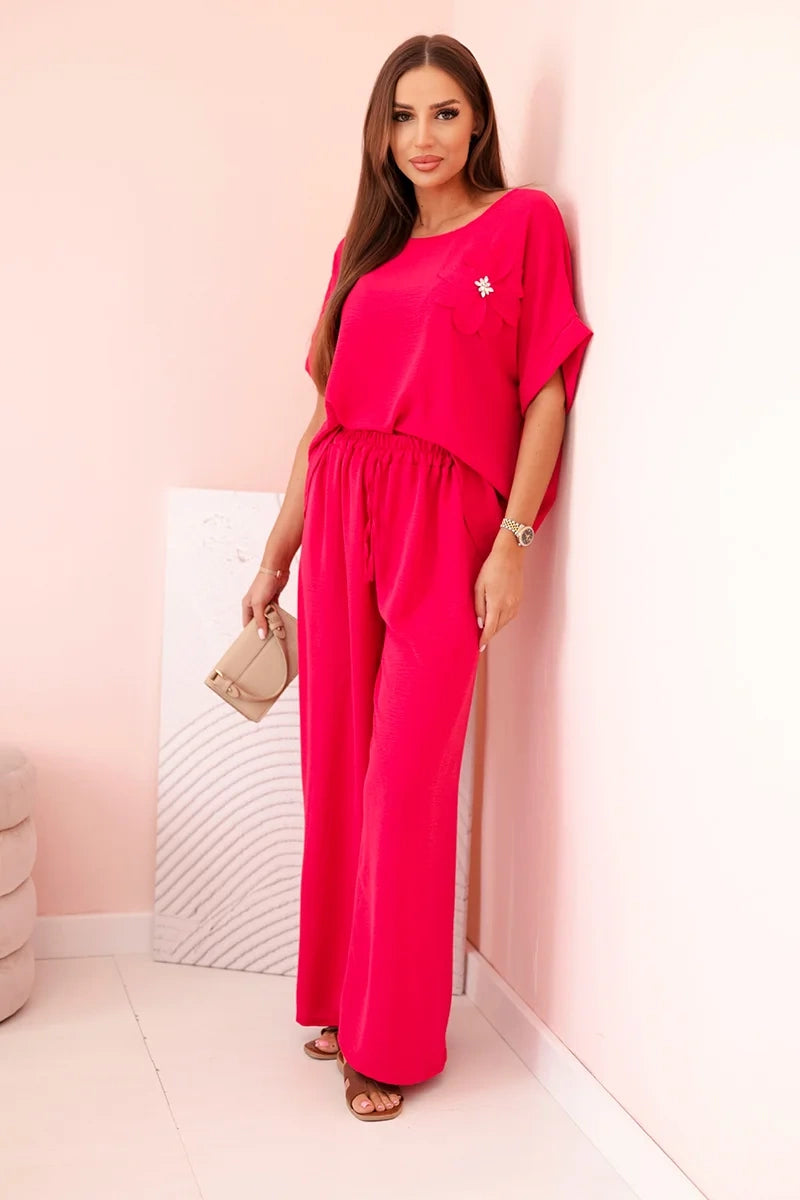 Дамски комплект от вискоза с декоративно цвете и широк панталон ART0109