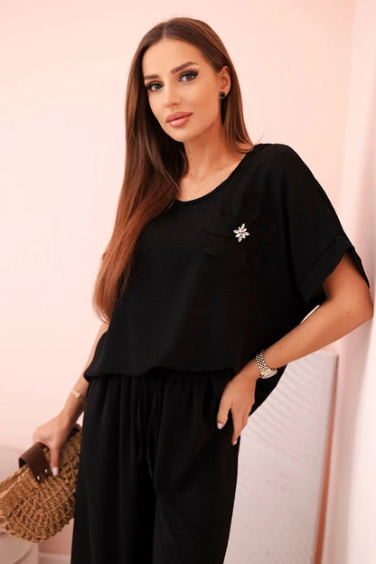 Дамски комплект от вискоза с декоративно цвете и широк панталон ART0109