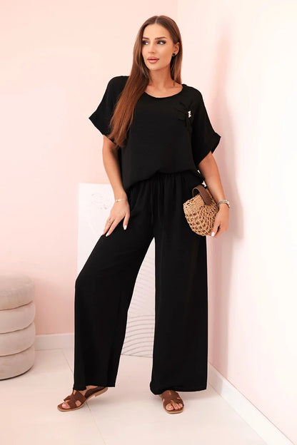 Дамски комплект от вискоза с декоративно цвете и широк панталон ART0109