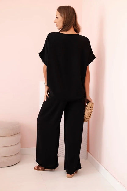 Дамски комплект от вискоза с декоративно цвете и широк панталон ART0109