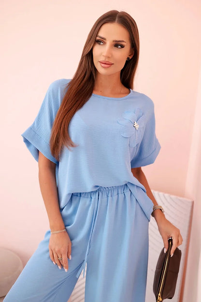 Дамски комплект от вискоза с декоративно цвете и широк панталон ART0109