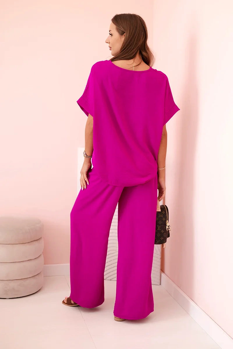 Дамски комплект от вискоза с декоративно цвете и широк панталон ART0109