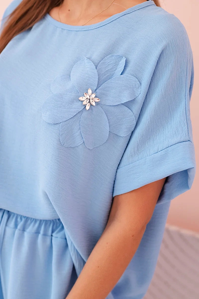 Дамски комплект от вискоза с декоративно цвете и широк панталон ART0109